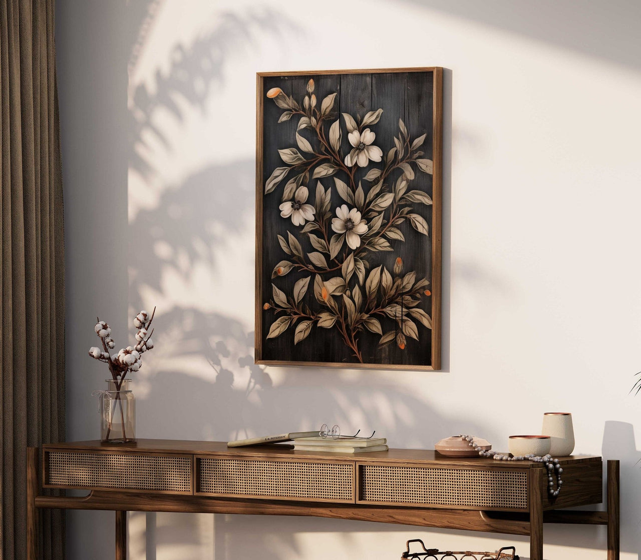 Black Floral Wall Art – Botanical Living Room Print