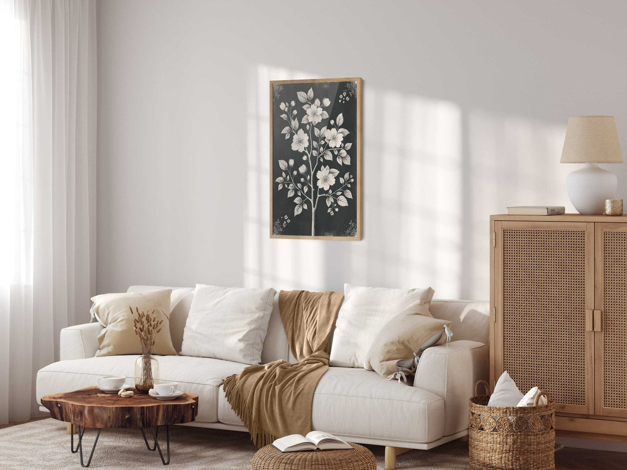 White Flowers Wall Art – Floral Living Room Print