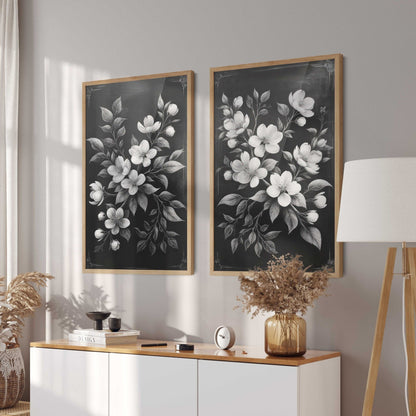 Black Floral Prints, Vintage Farmhouse Decor, Black & White Wall Art - WildfieldPrints