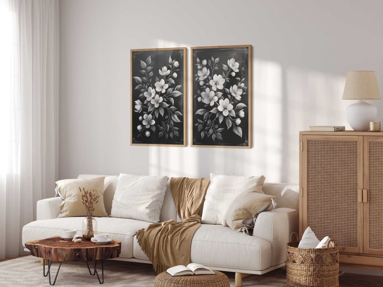 Black Floral Wall Art – Farmhouse Bedroom Print • Set of 2