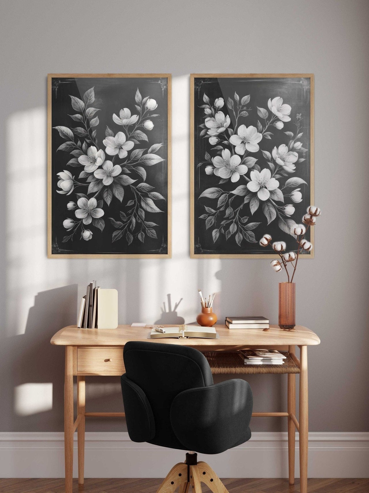 Black Floral Wall Art – Farmhouse Bedroom Print • Set of 2