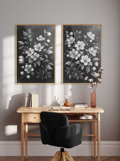 Black Floral Prints, Vintage Farmhouse Decor, Black & White Wall Art - WildfieldPrints