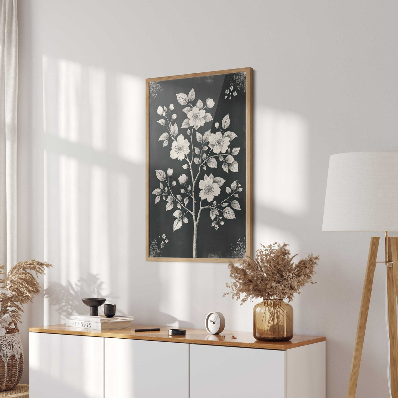 White Flowers Wall Art – Floral Living Room Print