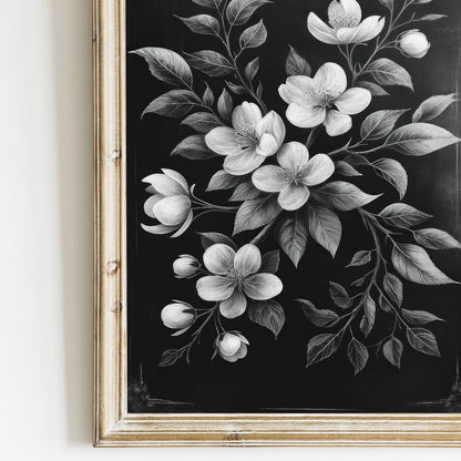 Black Floral Prints, Vintage Farmhouse Decor, Black & White Wall Art - WildfieldPrints