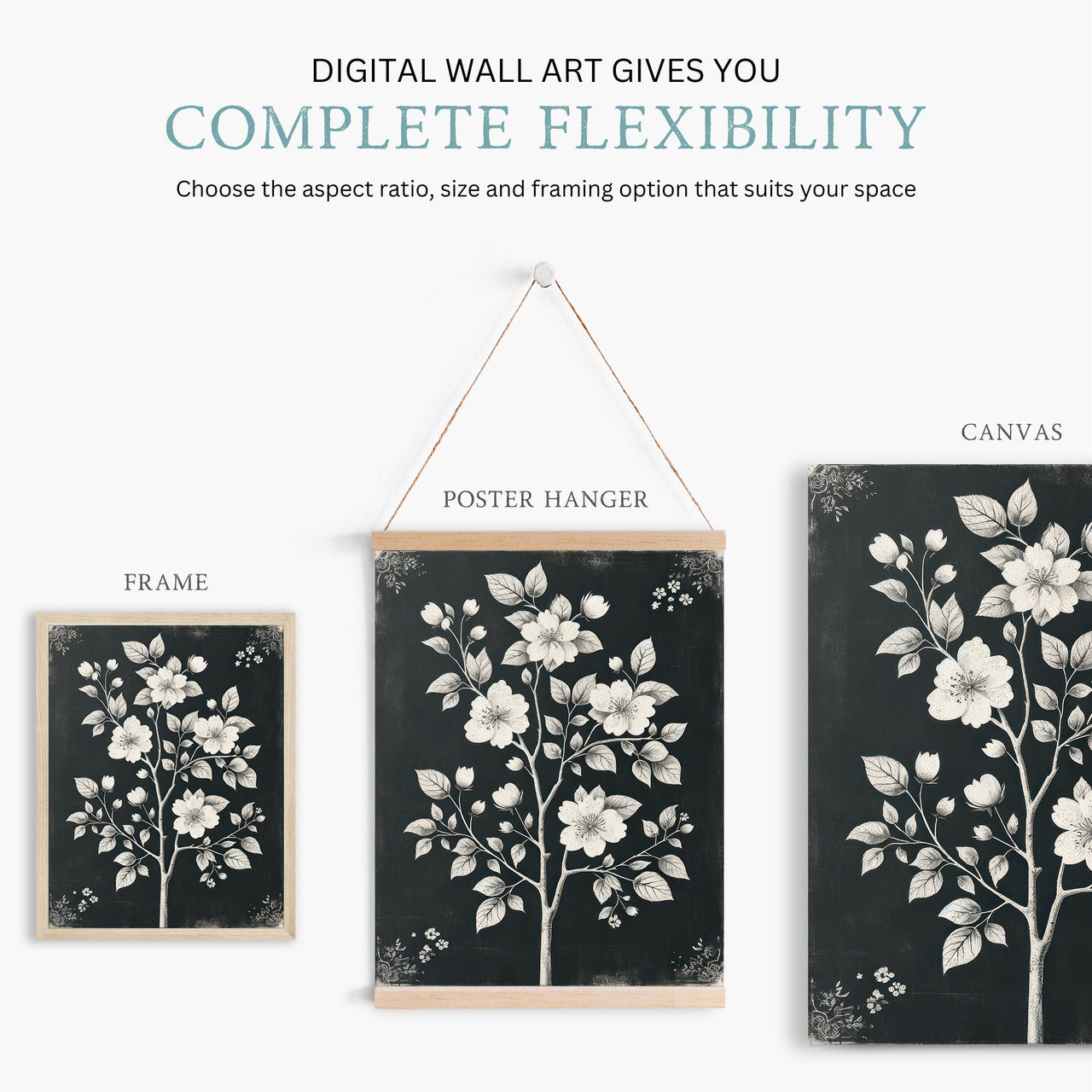 White Flowers Wall Art – Floral Living Room Print