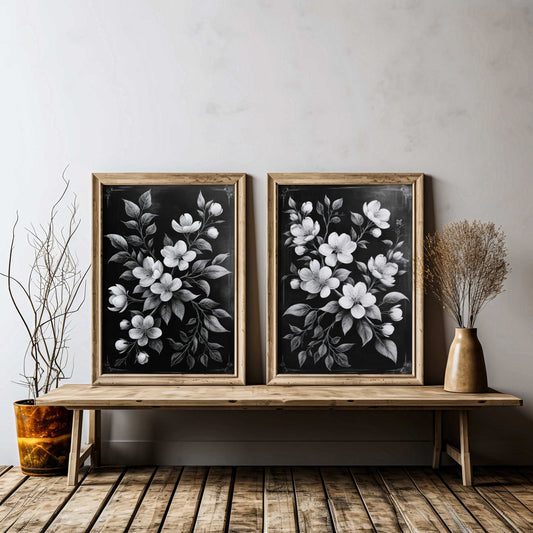 Black Floral Prints, Vintage Farmhouse Decor, Black & White Wall Art - WildfieldPrints
