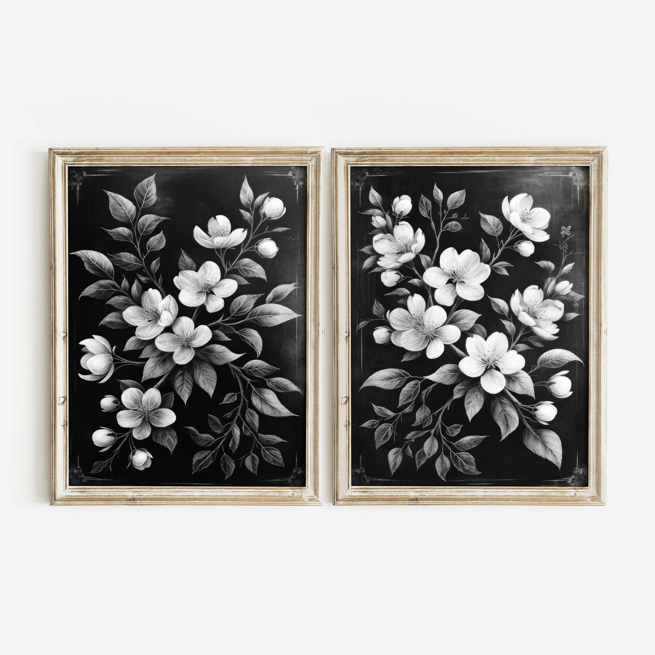 Black Floral Wall Art – Farmhouse Bedroom Print • Set of 2