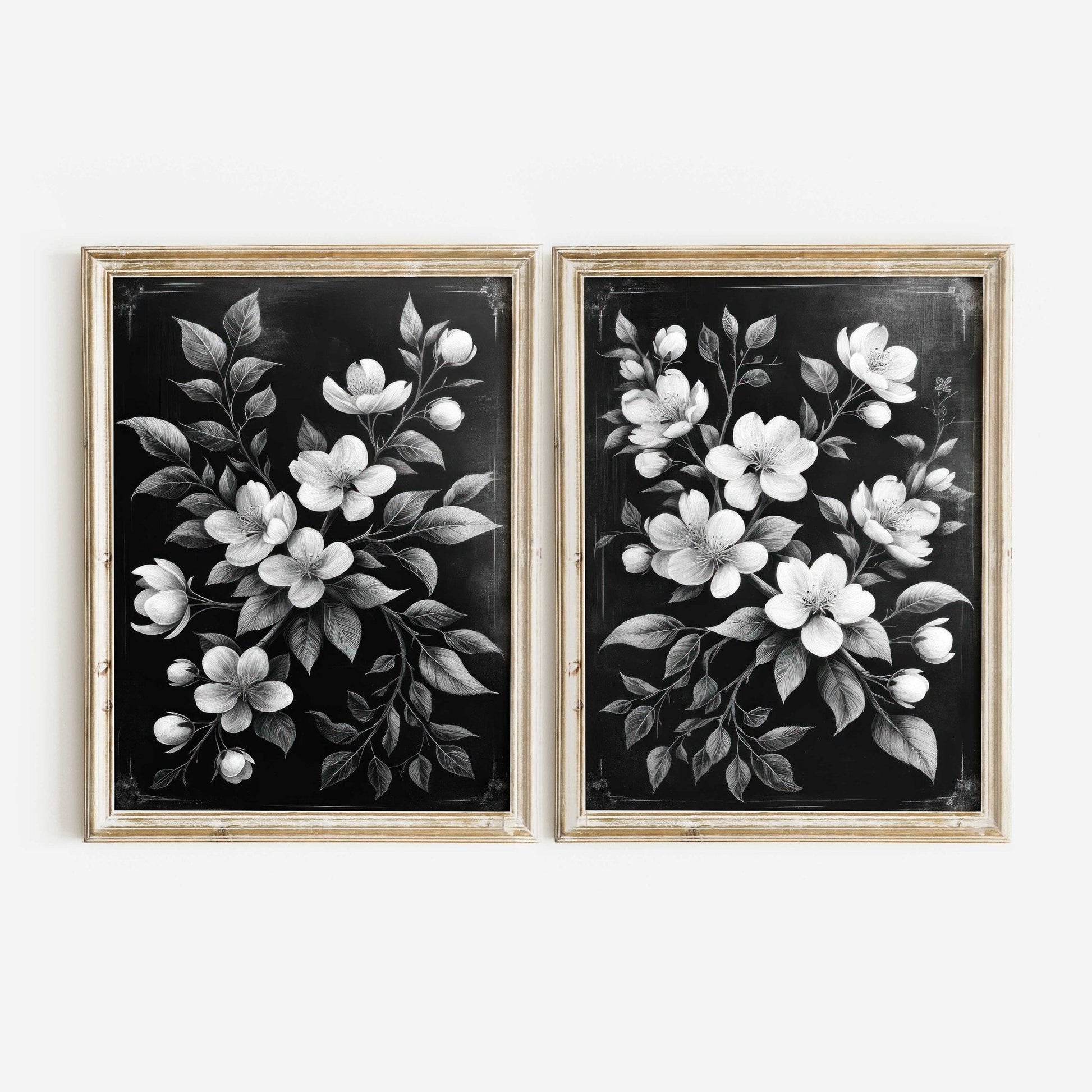 Black Floral Prints, Vintage Farmhouse Decor, Black & White Wall Art - WildfieldPrints