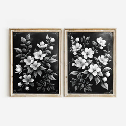 Black Floral Prints, Vintage Farmhouse Decor, Black & White Wall Art - WildfieldPrints