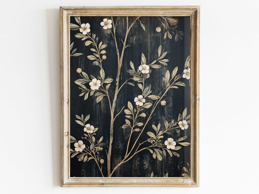 Black Floral Prints, Vintage Farmhouse Wall Art, Elegant Flower Decor - WildfieldPrints