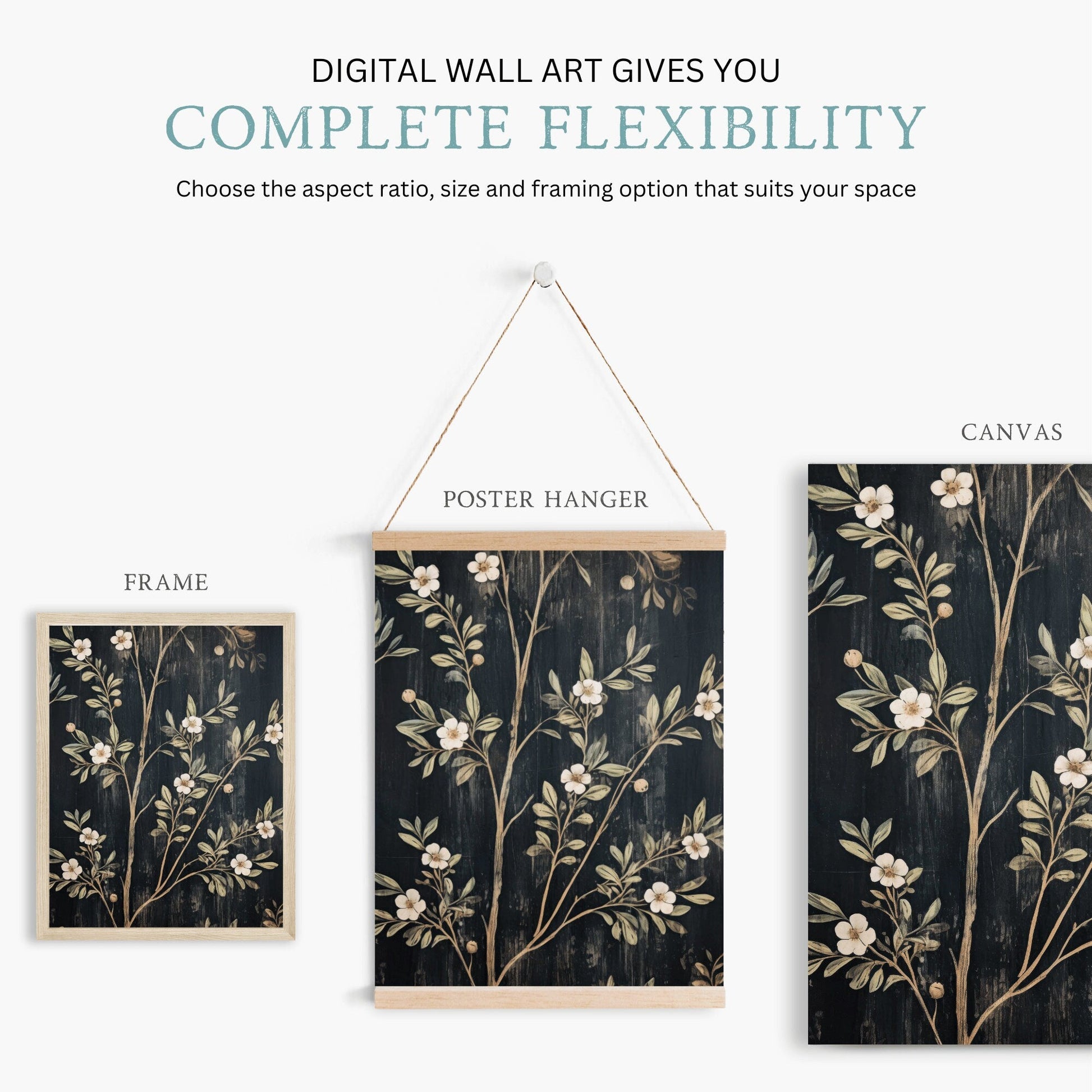 Black Floral Prints, Vintage Farmhouse Wall Art, Elegant Flower Decor - WildfieldPrints