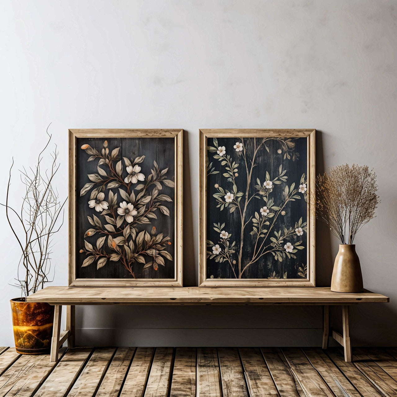 Black Floral Print – Flower Living Room Wall Decor • Set of 2