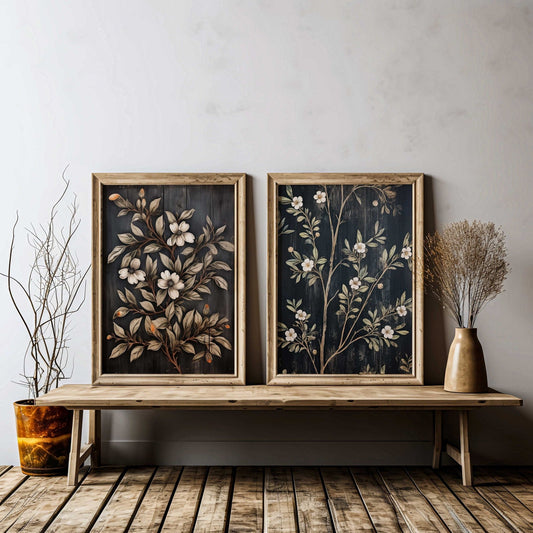 Black Floral Prints, Vintage Flower Wall Art, Country Home Decor - WildfieldPrints