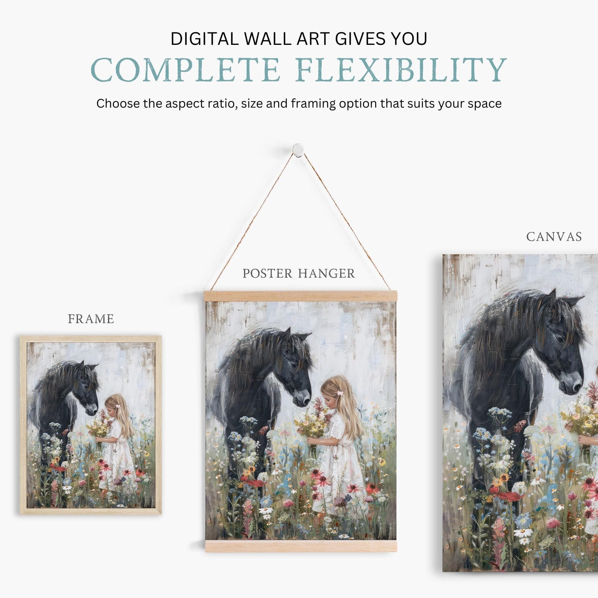 Black Horse Art, Horse Nursery Decor, Little Girl & Horse Wall Art - WildfieldPrints