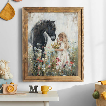 Black Horse Art, Horse Nursery Decor, Little Girl & Horse Wall Art - WildfieldPrints