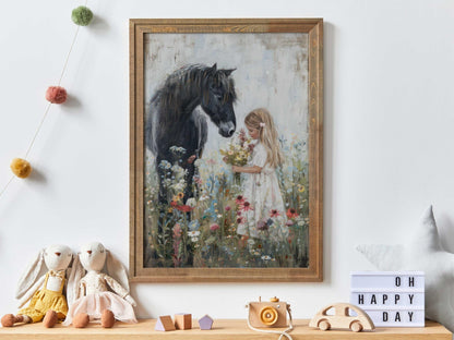 Black Horse Art, Horse Nursery Decor, Little Girl & Horse Wall Art - WildfieldPrints