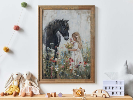 Black Horse Art, Horse Nursery Decor, Little Girl & Horse Wall Art - WildfieldPrints
