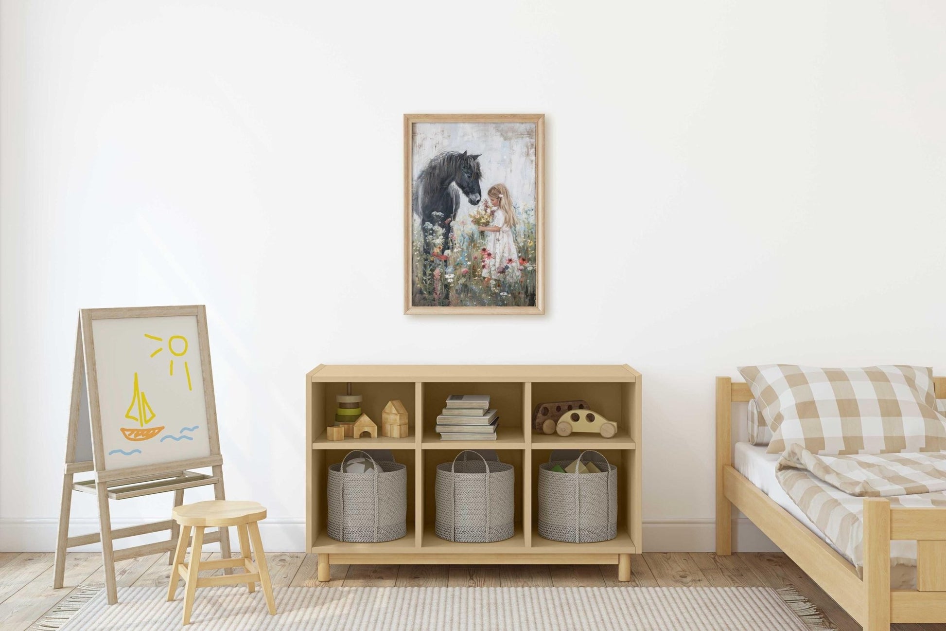 Black Horse Art, Horse Nursery Decor, Little Girl & Horse Wall Art - WildfieldPrints