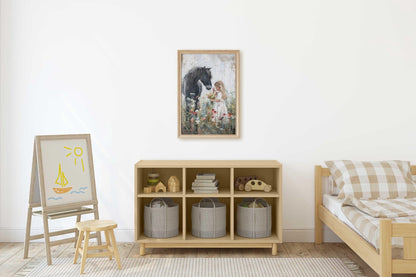 Black Horse Art, Horse Nursery Decor, Little Girl & Horse Wall Art - WildfieldPrints