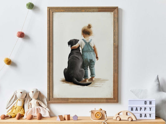 Black Lab Nursery Decor, Girl & Labrador Portrait, Dog Wall Art - WildfieldPrints