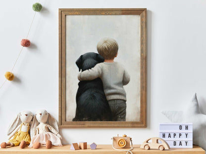 Black Labrador Nursery Decor, Boy & Dog Painting, Puppy Wall Art - WildfieldPrints