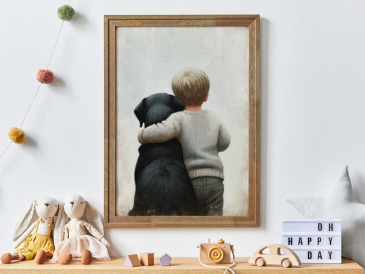 Black Labrador Nursery Decor, Boy & Dog Painting, Puppy Wall Art - WildfieldPrints