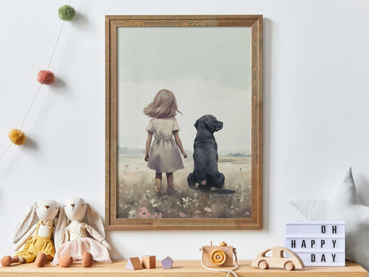 Black Labrador Nursery Decor, Girl & Dog Wall Art, Kids Room Accent - WildfieldPrints