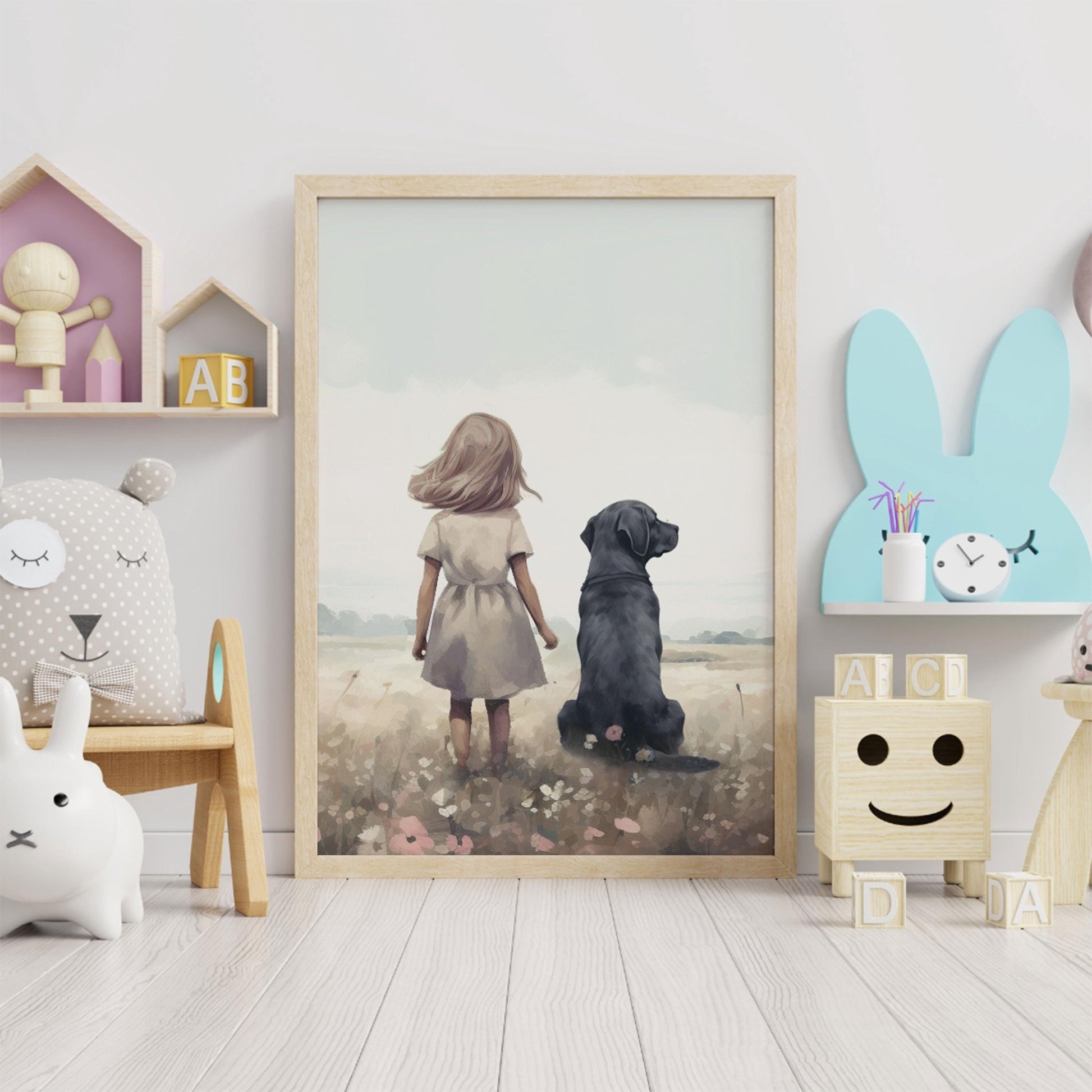 Black Labrador Nursery Decor, Girl & Dog Wall Art, Kids Room Accent - WildfieldPrints