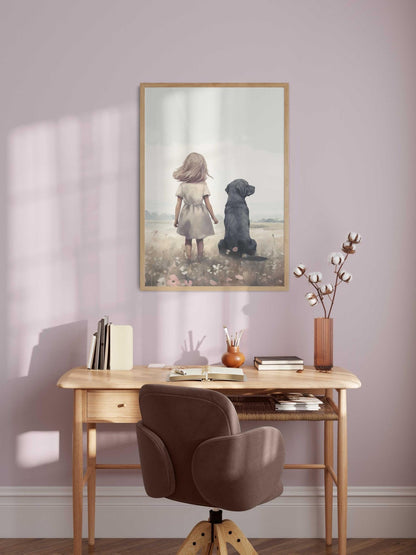 Black Labrador Nursery Decor, Girl & Dog Wall Art, Kids Room Accent - WildfieldPrints