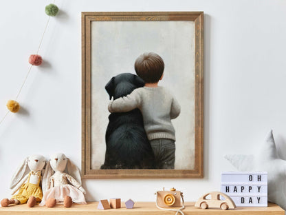 Black Labrador Retriever Nursery Decor, Boy & Dog Art Print, Puppy Decor - WildfieldPrints