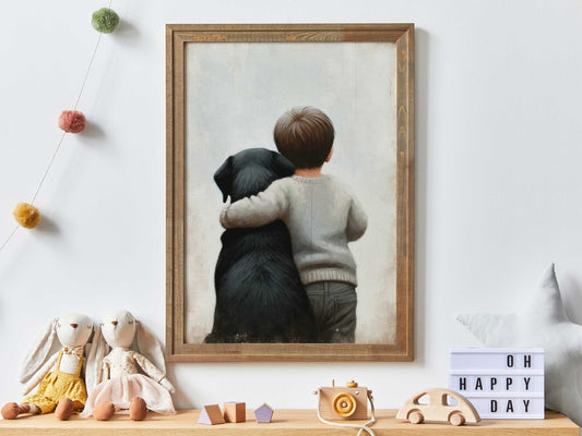 Black Labrador Retriever Nursery Decor, Boy & Dog Art Print, Puppy Decor - WildfieldPrints