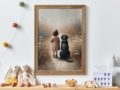 Black Labrador Retriever Nursery Decor, Girl & Dog Art Print, Dog Wall Art - WildfieldPrints