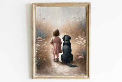 Black Labrador Retriever Nursery Decor, Girl & Dog Art Print, Dog Wall Art - WildfieldPrints
