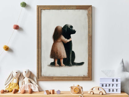 Black Labrador Retriever Nursery Decor, Girl & Dog Art Print, Puppy Wall Art - WildfieldPrints