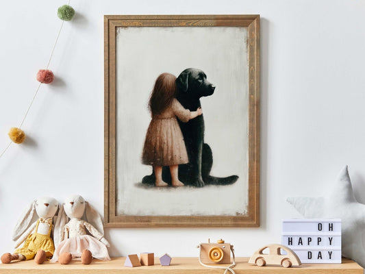 Black Labrador Retriever Nursery Decor, Girl & Dog Art Print, Puppy Wall Art - WildfieldPrints