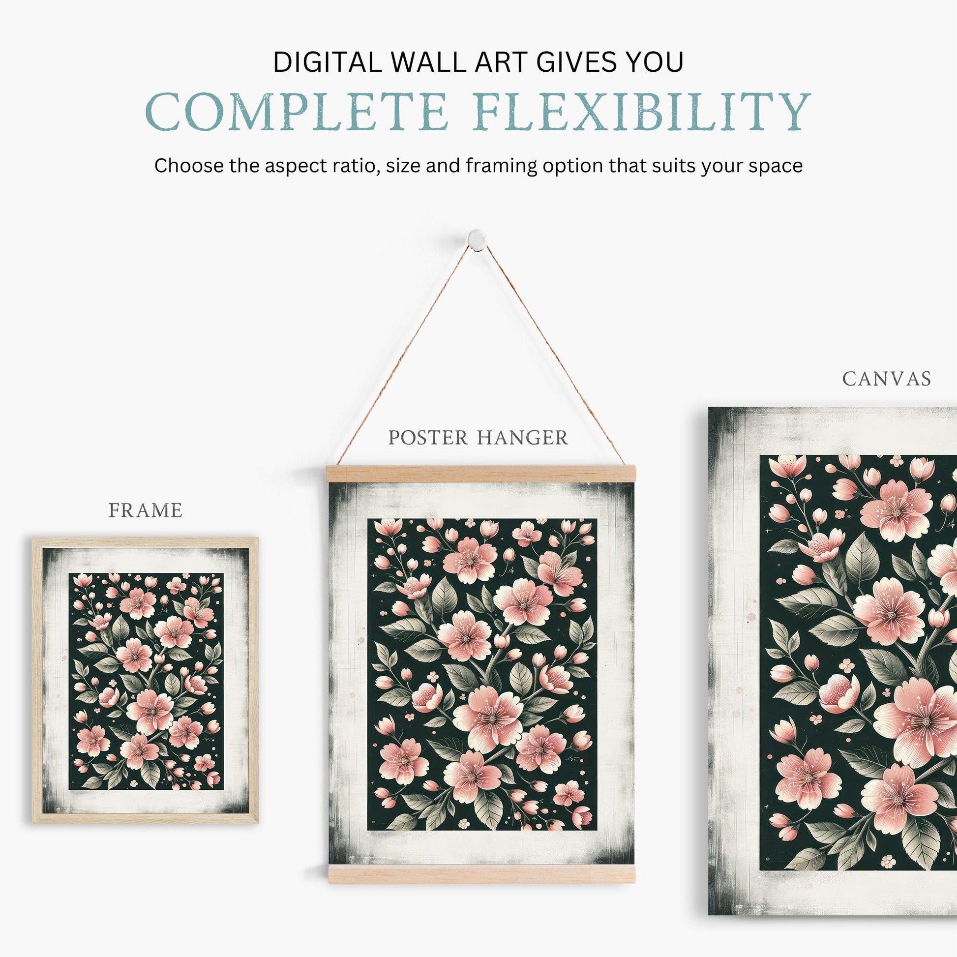 Black & Pink Floral Prints, Farmhouse Decor, Dark Wall Decor - WildfieldPrints