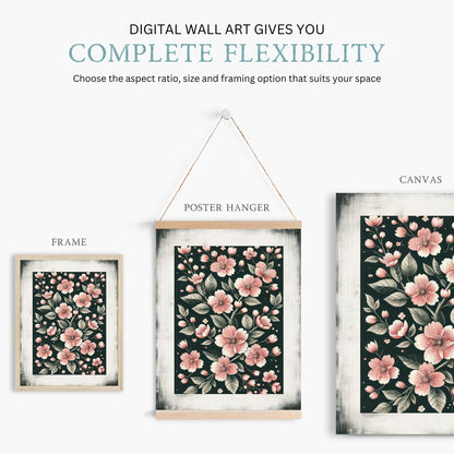 Black & Pink Floral Prints, Farmhouse Decor, Dark Wall Decor - WildfieldPrints