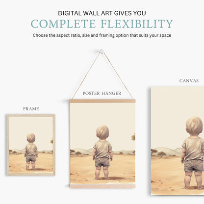Blonde Boy in African Savanna Wall Art | Toddler Room with Lion & Elephant Decor - WildfieldPrints