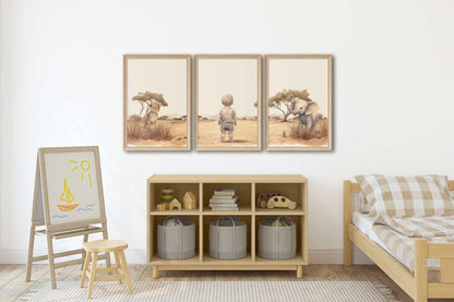 Blonde Boy in African Savanna Wall Art | Toddler Room with Lion & Elephant Decor - WildfieldPrints