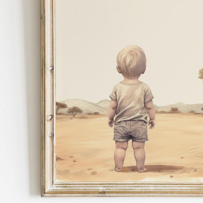 Blonde Boy in African Savanna Wall Art | Toddler Room with Lion & Elephant Decor - WildfieldPrints
