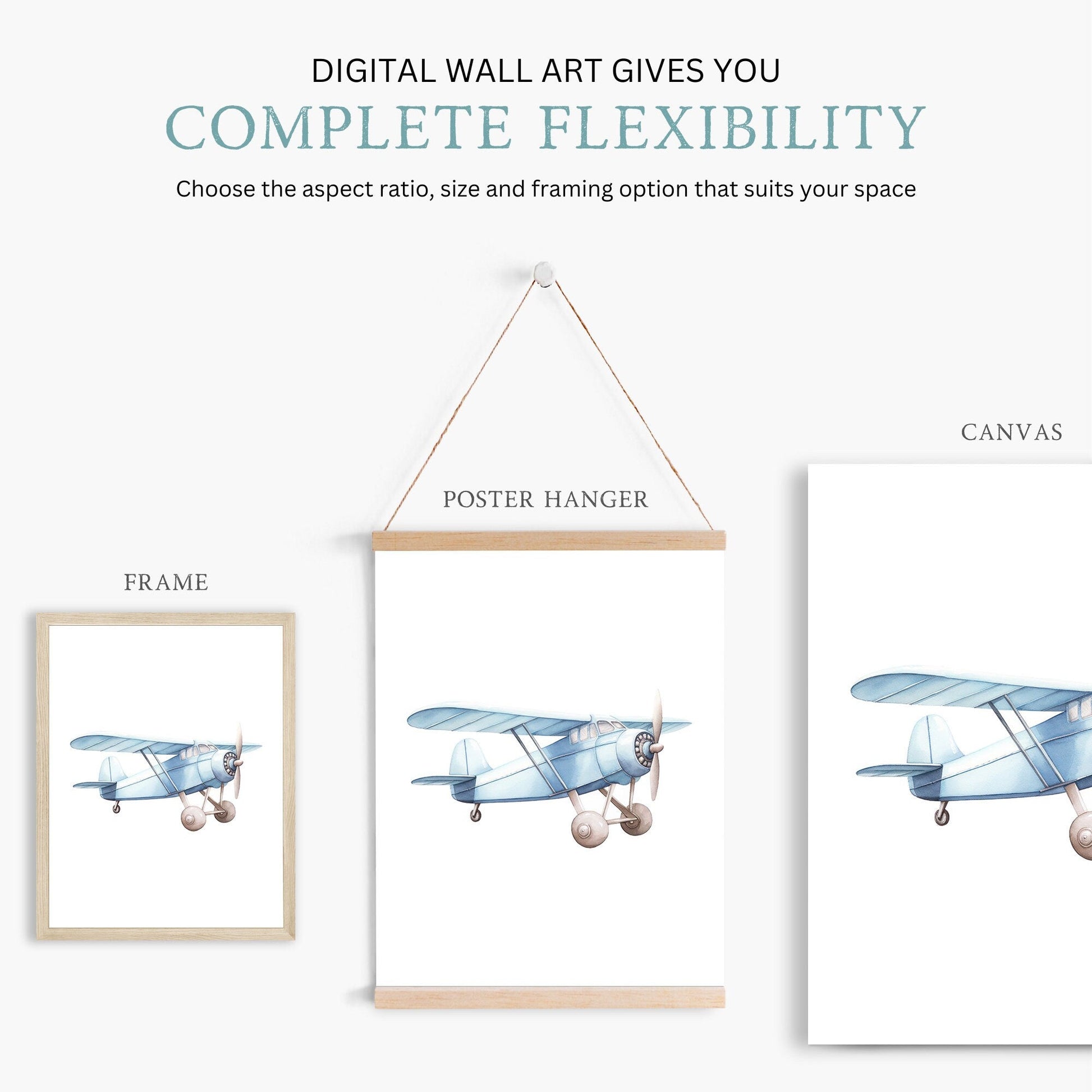 Blue Airplane Nursery Decor, Pastel Wall Art, Vintage Transportation Print - WildfieldPrints