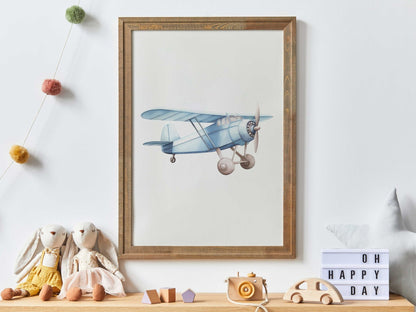 Blue Airplane Nursery Decor, Pastel Wall Art, Vintage Transportation Print - WildfieldPrints