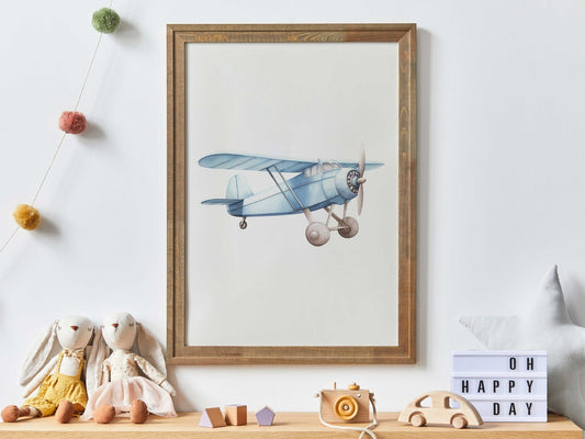 Blue Airplane Nursery Decor, Pastel Wall Art, Vintage Transportation Print - WildfieldPrints