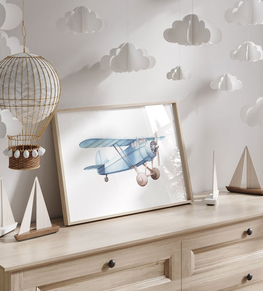 Blue Airplane Nursery Decor, Pastel Wall Art, Vintage Transportation Print - WildfieldPrints