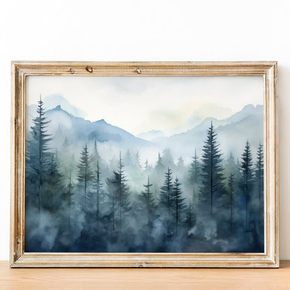 Blue Forest Prints, Watercolor Landscape Decor, Nature Wall Art - WildfieldPrints