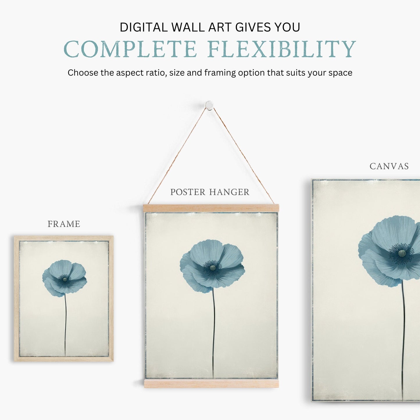 Blue Himalayan Poppy Flower Print, Vintage Minimalist Wall Decor, Floral Art - WildfieldPrints