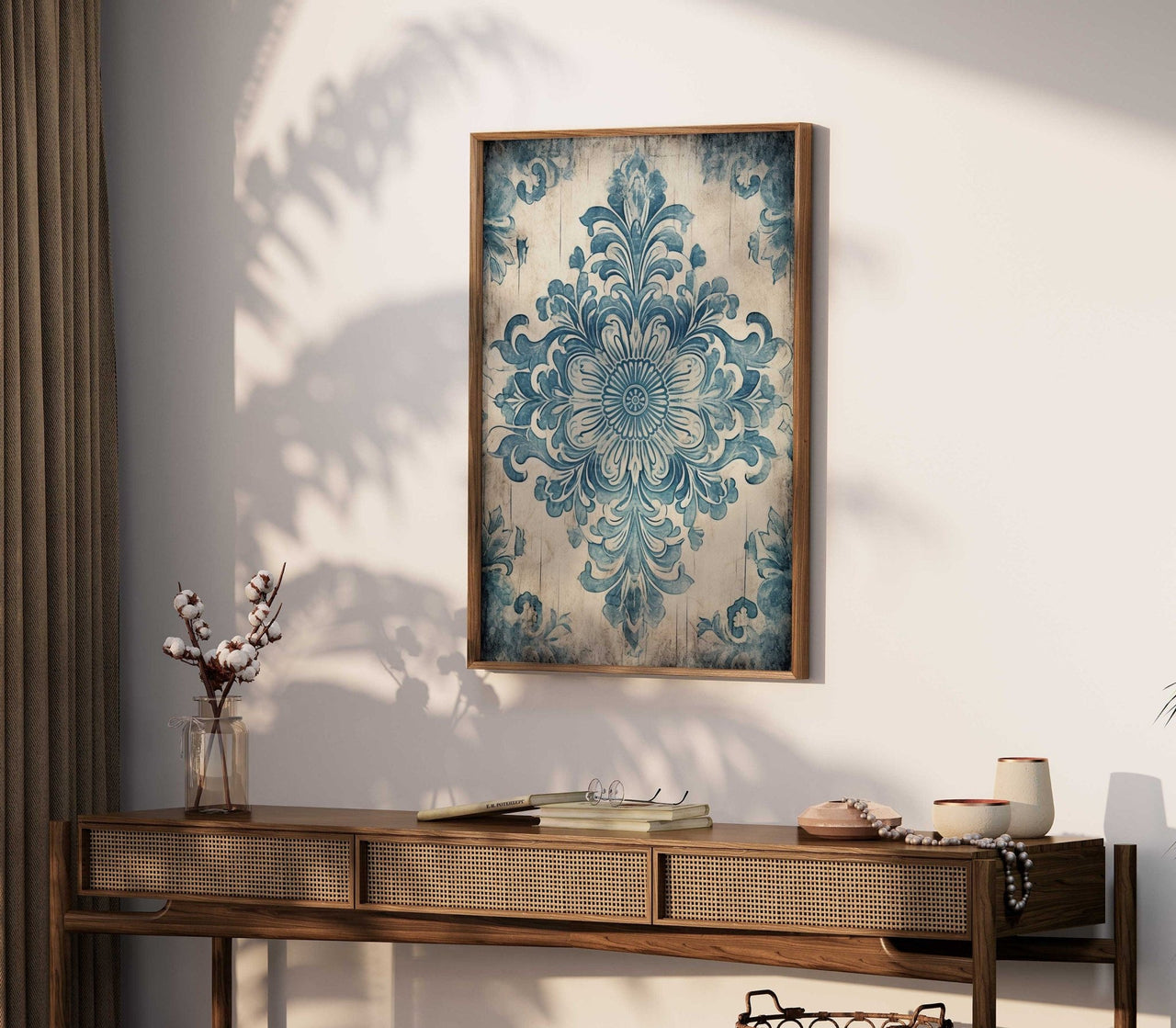Blue Antique Ornament Wall Art – Floral Living Room Decor