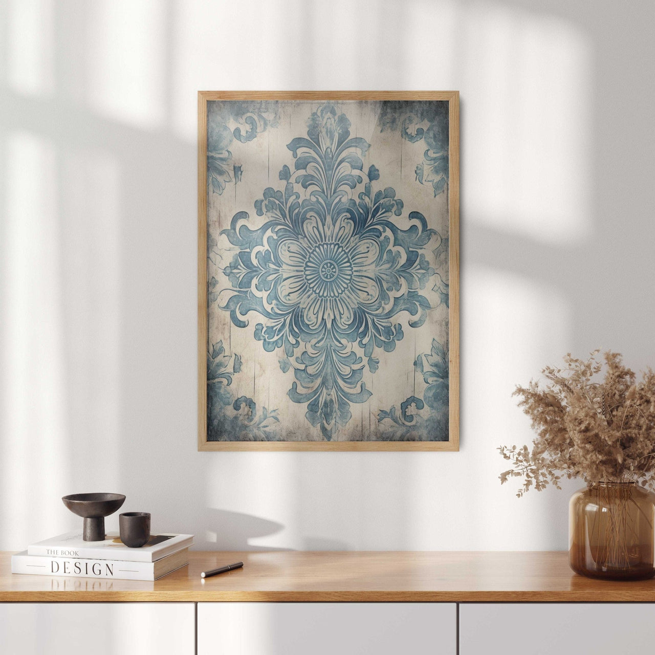 Blue Antique Ornament Wall Art – Floral Living Room Decor