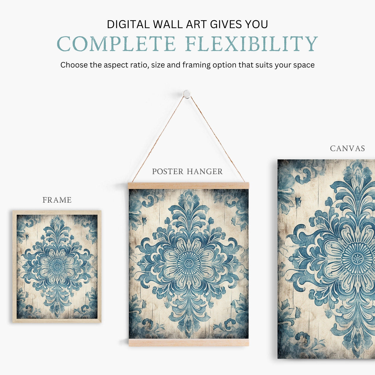 Blue Antique Ornament Wall Art – Floral Living Room Decor