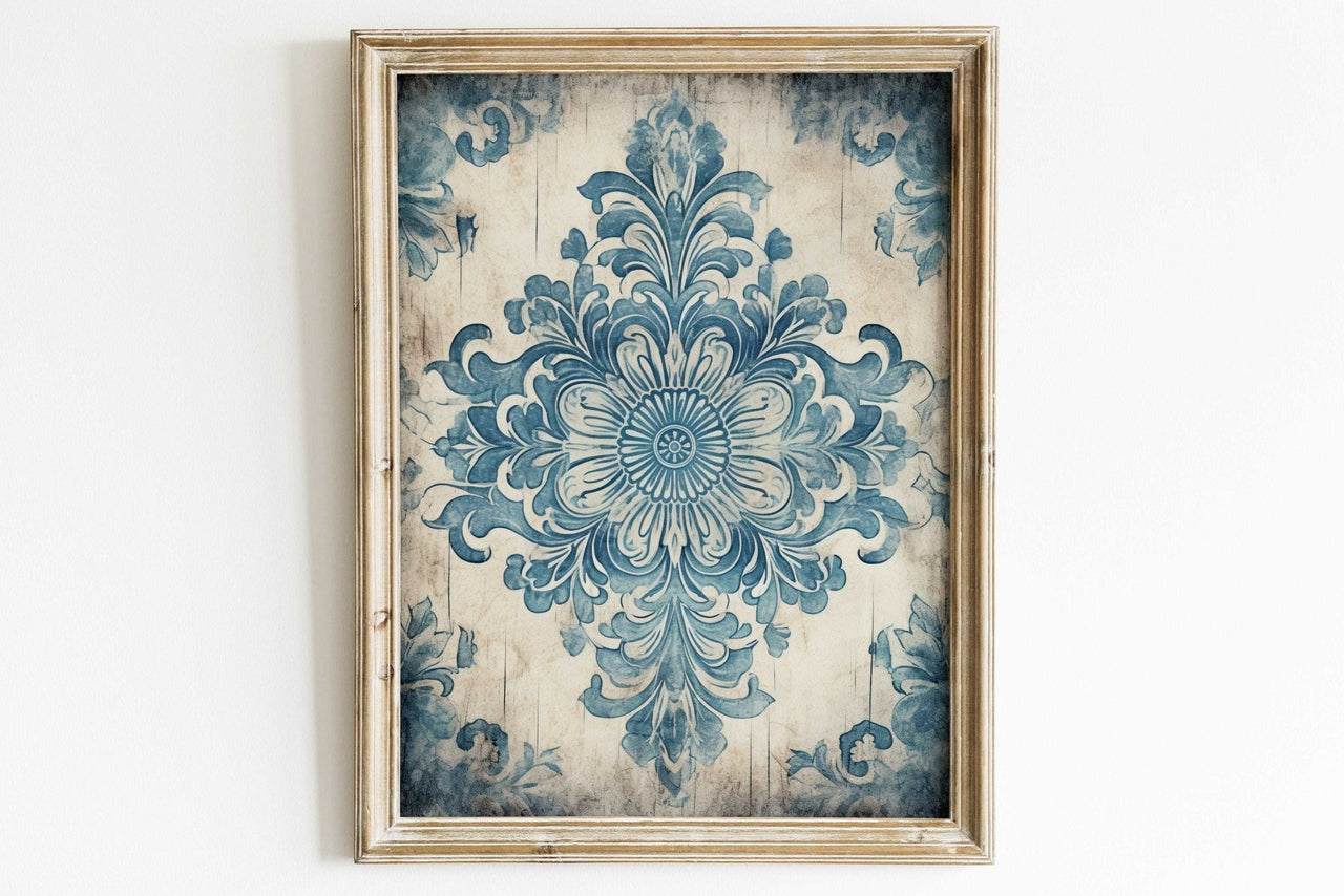 Blue Antique Ornament Wall Art – Floral Living Room Decor
